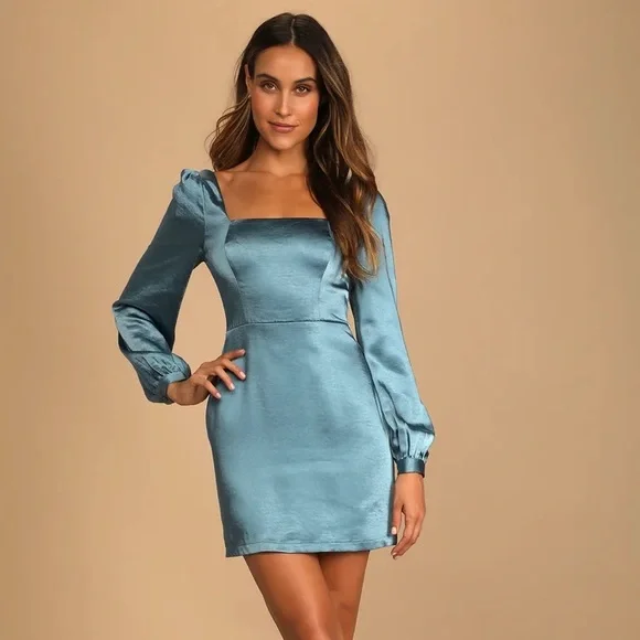 slate blue short dress Lemier Mini Dress in Satin Slate Blue